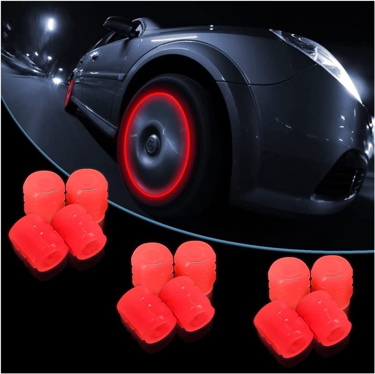 Dailygoods- Bandventieldoppen 12 stuks - Nachtlichtende Ventieldoppen - Auto-accessoires - Universeel voor Vrachtwagen/SUV/Motorfiets/Fiets - Hoogwaardig ABS - Zelflichtend