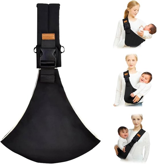 Porte-bébé noir avec boucle. Trois images de femmes portant des bébés.