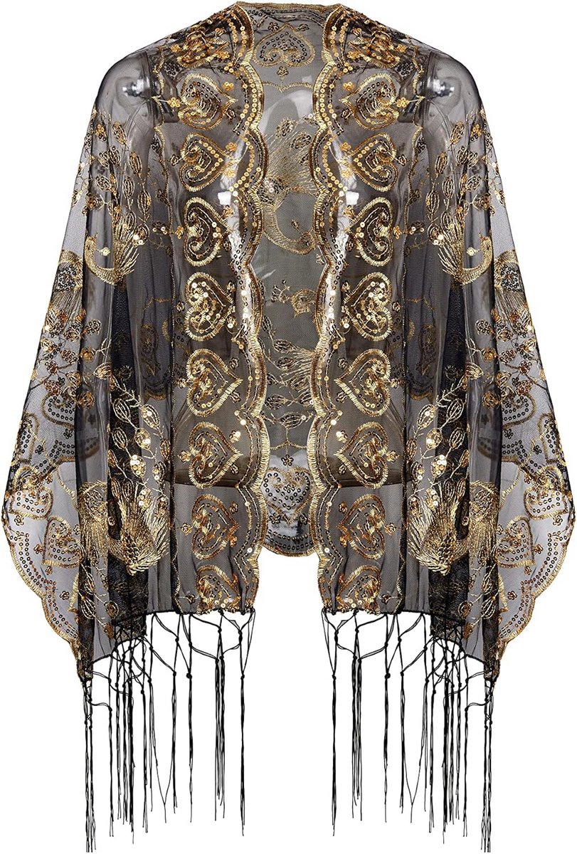 Avond Sjaal - Pailletten Cape - Feestelijke Outfits - Franje Detail - 161 cm - Zwart