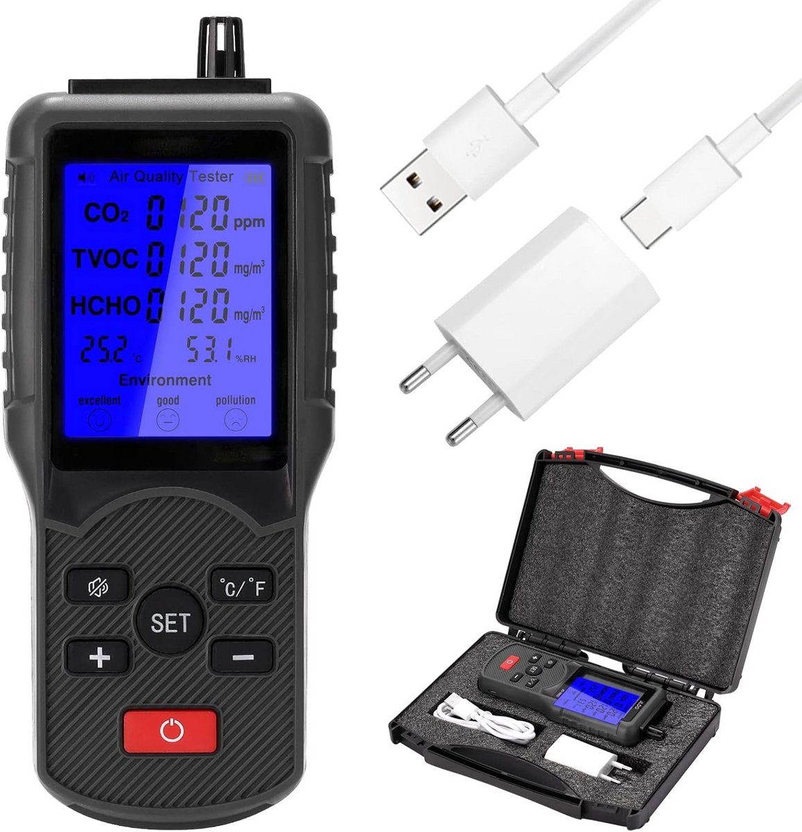 Luchtkwaliteitsmeter - CO2 meter - Binnenlucht meten - Groot LCD display - 176 x 73 x 29 mm - Zwart