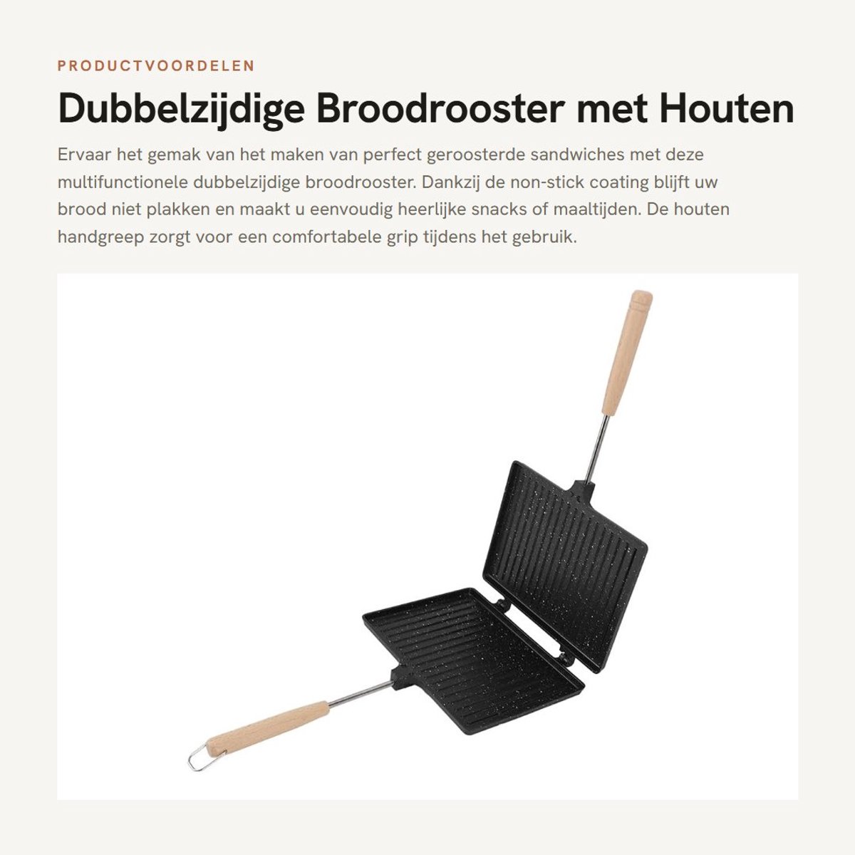 Dailygoods- Broodrooster Dubbelzijdig - Sandwichmaker - Houten Handgreep - Antiaanbaklaag - 23,1 x 17 cm - Multifunctioneel Gebruik