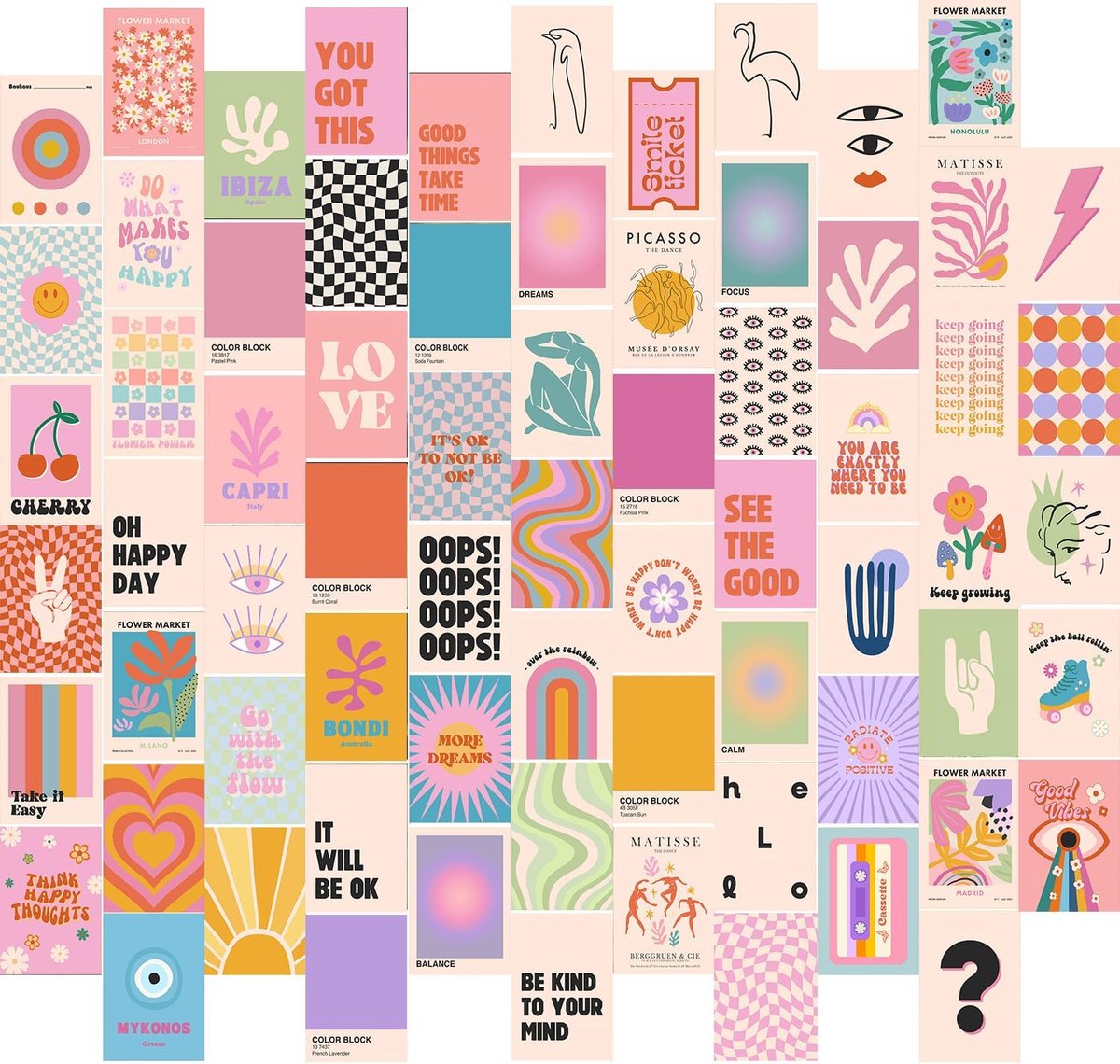 Muurdecoratie set - Esthetische prints - Kamer opfleuren - Levendige kleuren - 70 stuks - Roze