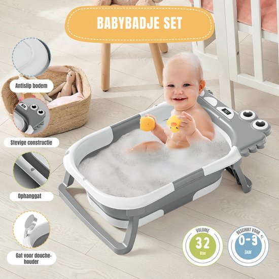 QIN® Baby Badje met Standaard - Baby Badje - Inklapbaar Bad - met Badkussentje en Ingebouwde Thermometer - Grijs - 63cm x 42cm x 20cm van qin — afbeelding 2