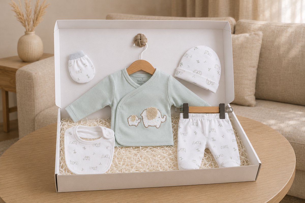 Blijeitje - Luxe 5-delige babycadeauset - Kraamcadeau jongen met Mutsje, Shirtje, Broekje, Krabwantjes & Slab - Neutraal olifant Design