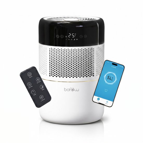 Humidificateur BoFlow EvoMist40 - Remplissage par le haut - 3 en 1 : humidificateur avec filtre, lampe UV et Aromathérapie