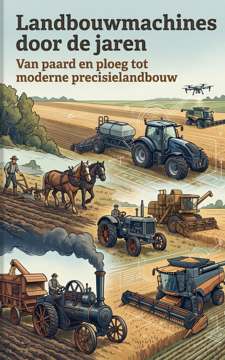 Illustratie van landbouwmachines door de jaren heen, van paard en ploeg tot moderne precisielandbouw en drones.
