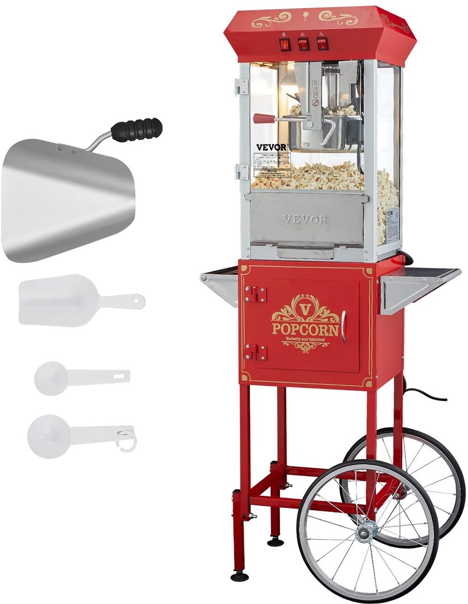 Popcornmachine met trolley - Apparaat voor popcorn - Feestjes organiseren - Grote capaciteit - 8 ounces - Rood