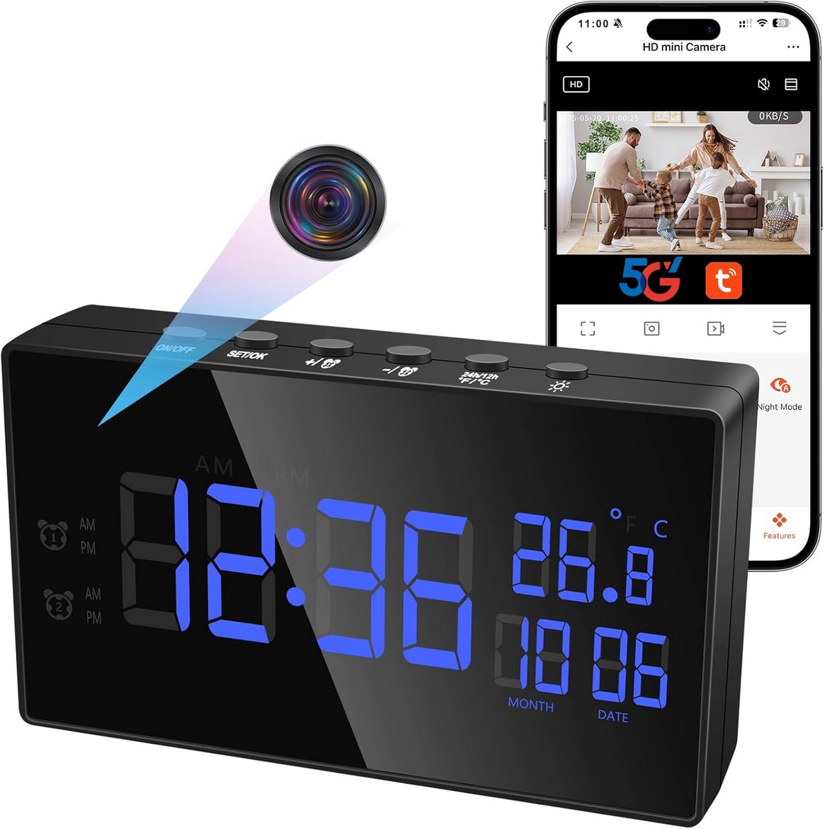 Verborgen Camera Klok - Mini Spy Camera - Beveiliging Thuis - 5GHz WiFi Connectie - 1080p HD Resolutie - Zwart