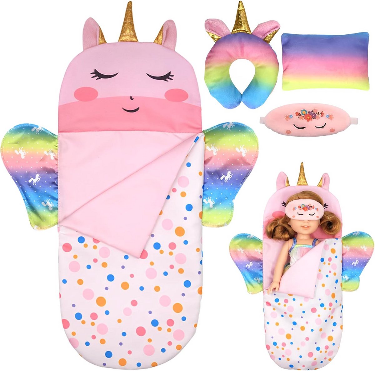 Poppenslaapzak set - Poppenkleding accessoires - Poppen verzorgen - Inclusief kussens - 25-38 cm poppen - Kleurrijk patroon
