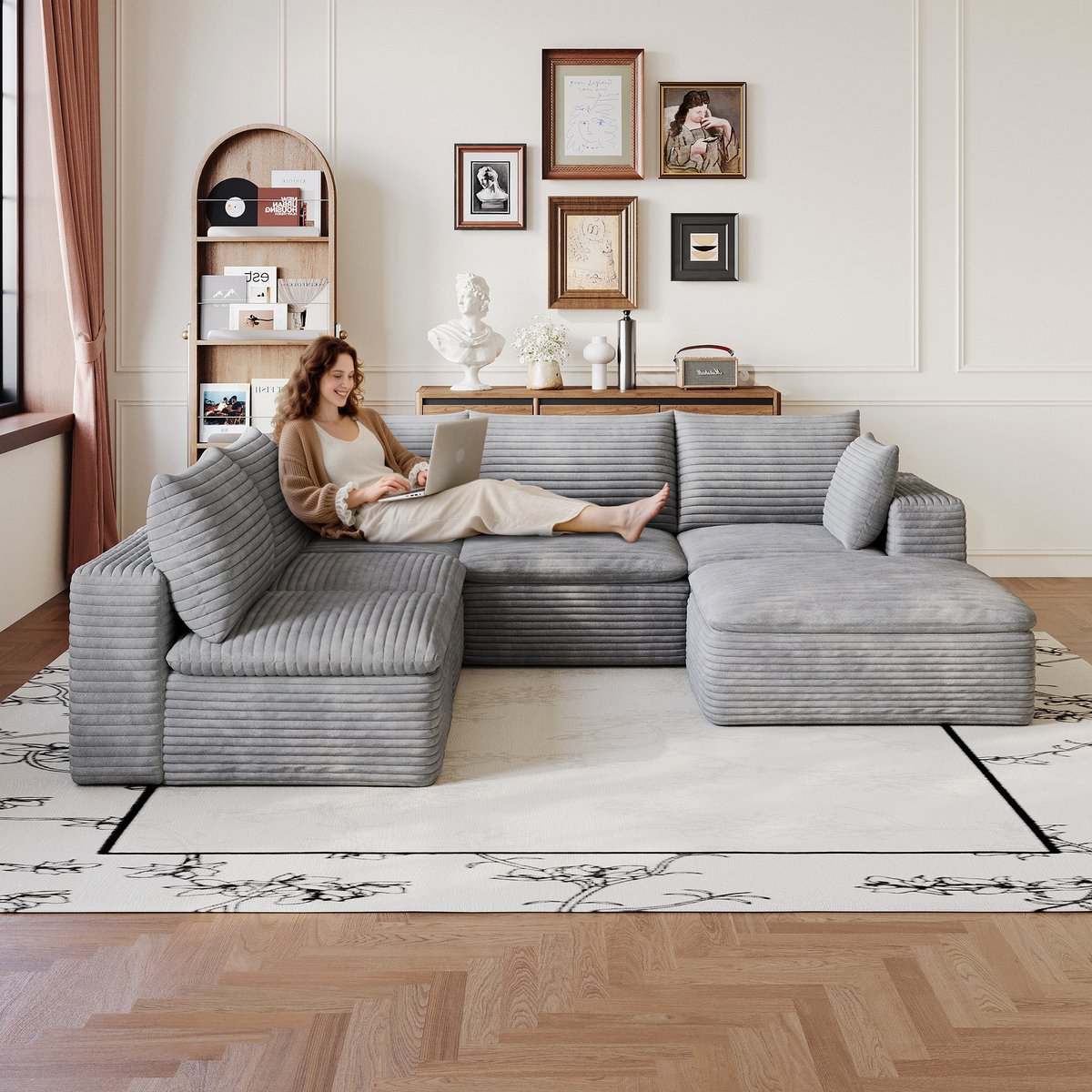 OKWISH Hoekbank 260 x 250 Cm - Modulair Ontwerp En Volledig Schuimcomfort - Woonkamer Of Slaapkamer - Stof - Grijs Donkergrijs