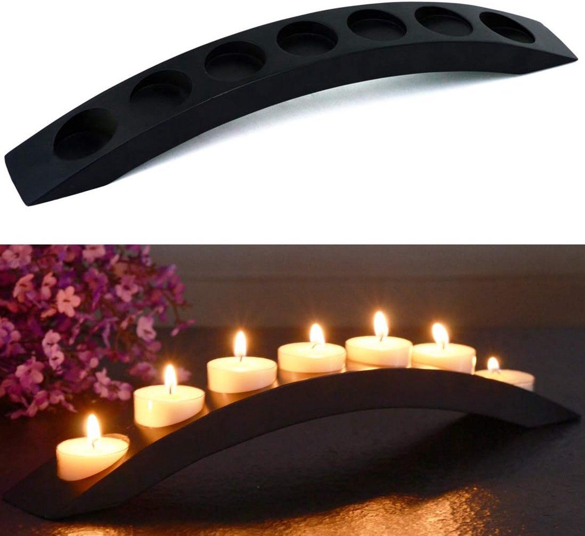 Kaarsenhouder Houten Brug - Lange Kandelaar - Sfeervol Dineren - Voor Zeven Kaarsen - 38.8 cm Lengte - Zwart