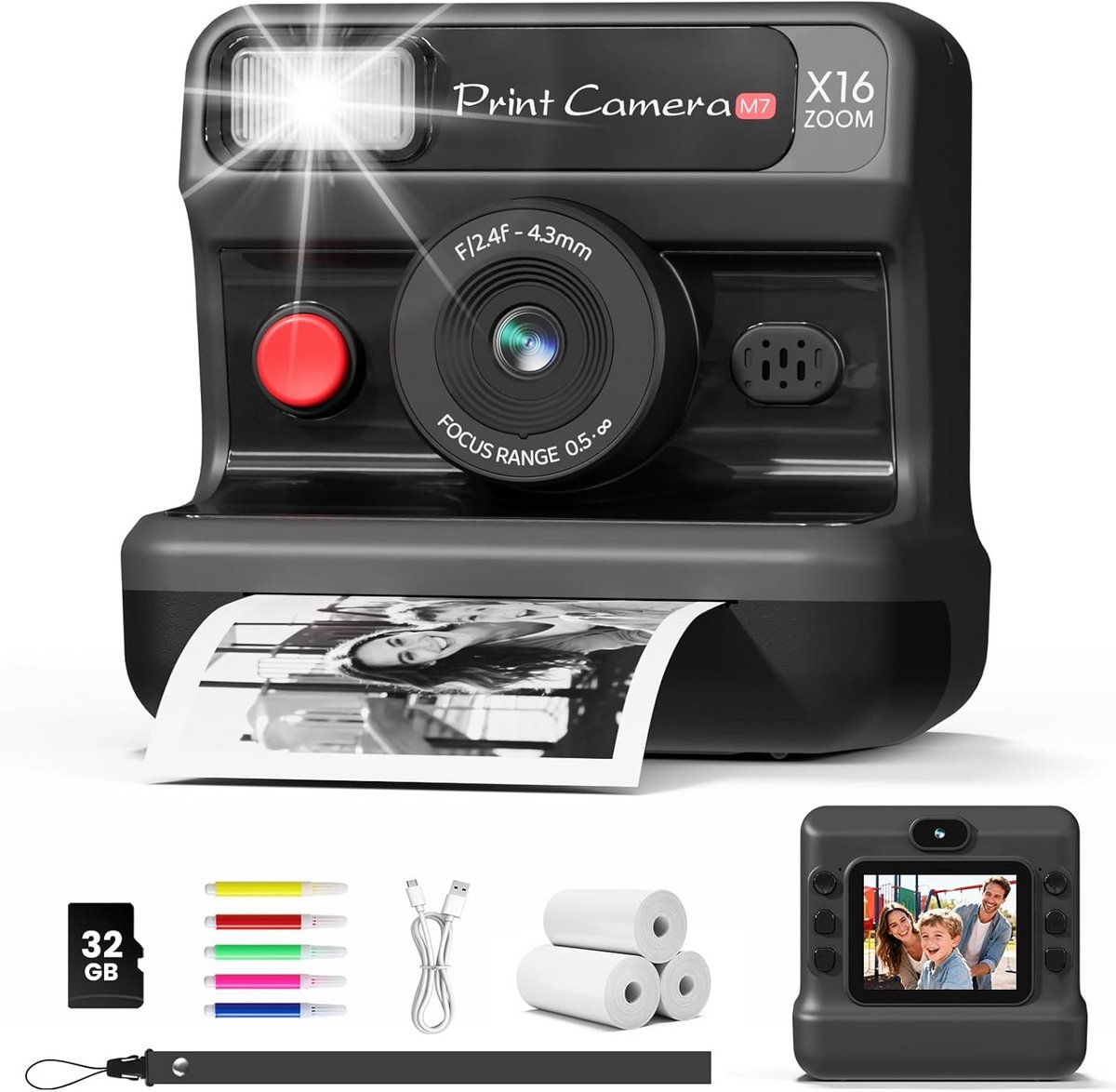 Kinder Camera Prints - Directe Fotocamera - Momenten Vastleggen - Direct Zwart-Wit Printen - 32 GB Inclusief - Roze