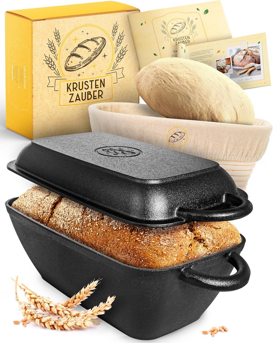 Gietijzeren braadpan Broodbakpan deksel Brood bakken thuis Inclusief rijsmand 28 cm Zwart