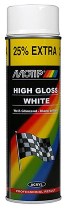 Motip spuitbus Acryl Hoogglans Wit. Met 25% extra inhoud en een racevlag design. Professioneel resultaat.