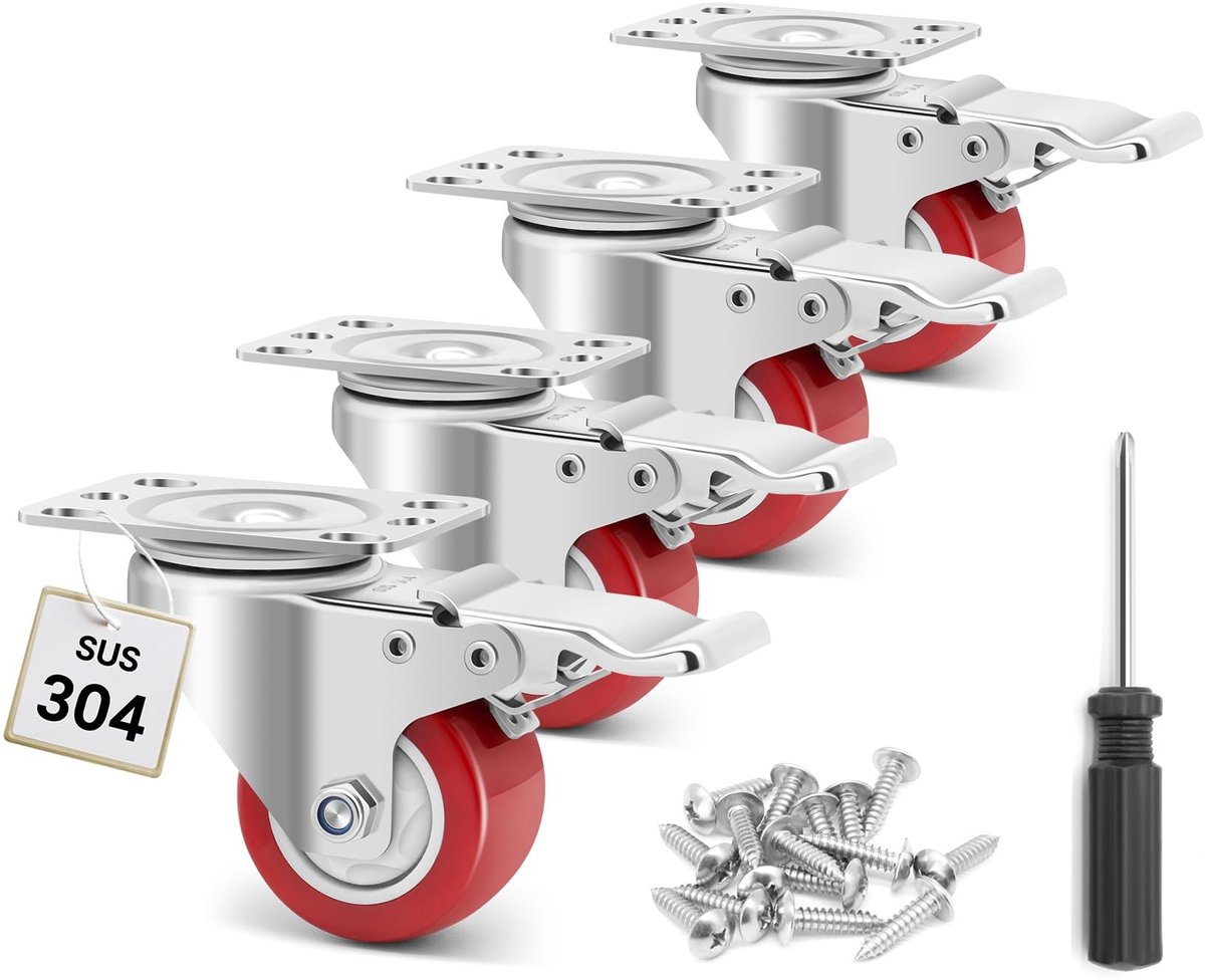 Dailygoods- Meubelwielen 50 mm - Zwenkwielen met Rem - Zwenkwielen Set van 4 - Schokbestendig - Voor Zware Ladingen - Roestvrij Staal