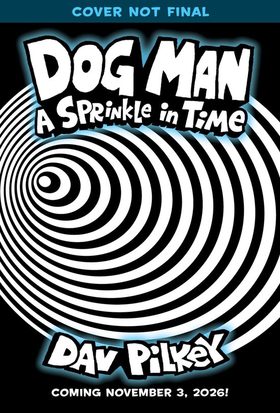 Couverture de livre 'Dog Man: A Sprinkle in Time' par Dav Pilkey avec une spirale noire et blanche.