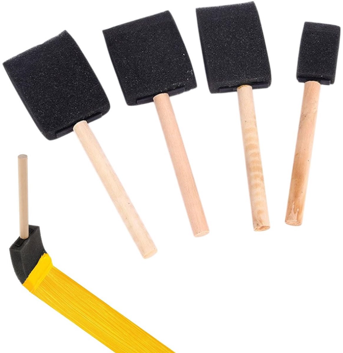Dailygoods- Sponskwast 4 Stuks - Schuimkwasten - Houten Handvat - Schildergereedschap - Voor Kunsthandwerk - Verschillende Maten 2,5/4/4,5/5 cm - Schilderkwast