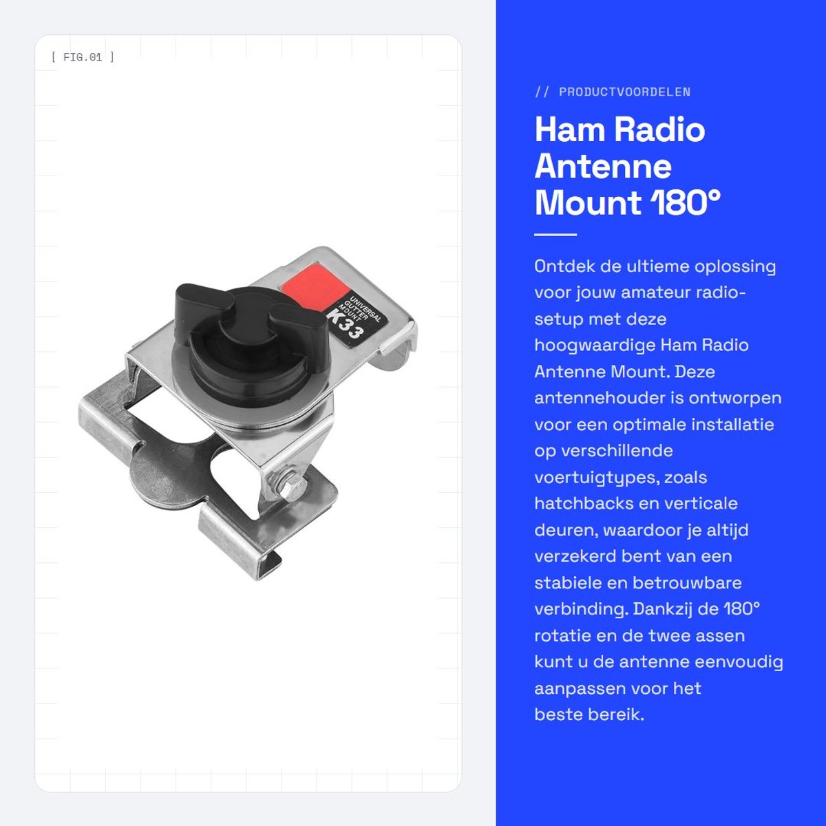 Dailygoods- Antennebeugel 180° Rotatie - Roestvrij Staal - Amateur Radio Houder - SO239/UHF Aansluiting - Geschikt voor Kofferklep - Inclusief Installatietas - Antennehouder
