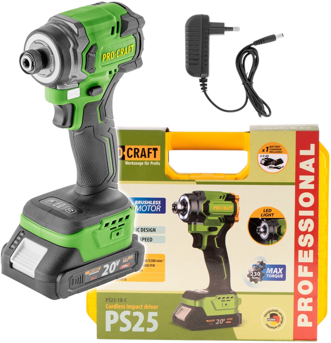 Procraft PS25-1B-C accu-slagmoersleutel 20 V 230 Nm 1/4" borstelloos + 1x accu 2,0 Ah + oplader + koffer