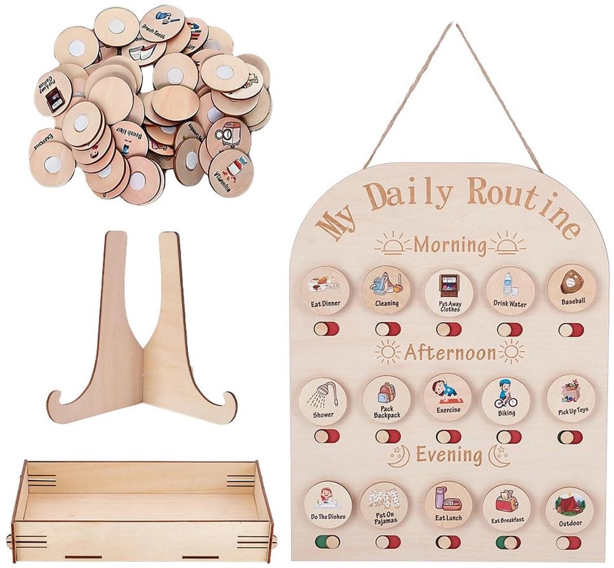 Dailygoods- Dagschema Antiek Wit - Houten Dagplanning - Visueel Tijdschema - Ophangbaar - 6 Stuks - Compact 356 x 300 x 39 mm - Routinebord