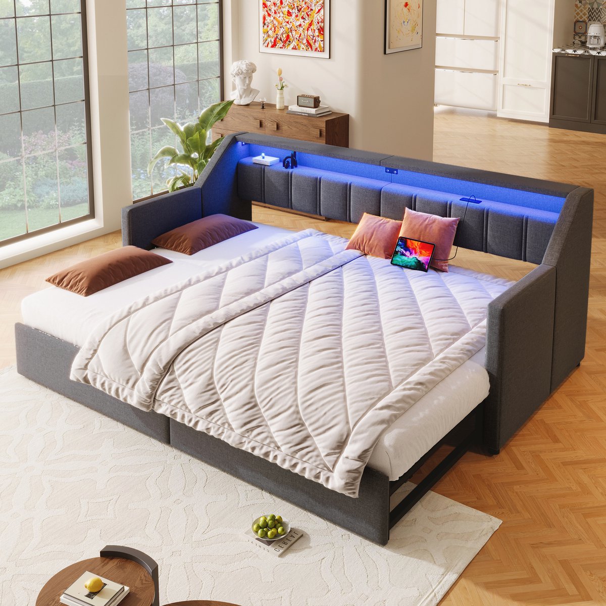 DESMIU Dagbed 90x200 cm – USB En Type-C, Led En Uitschuifbed – 2 Laden En Opbergtassen – Voor Slaapkamer Of Logeerkamer – Linnen – Grijs – Zonder Matras