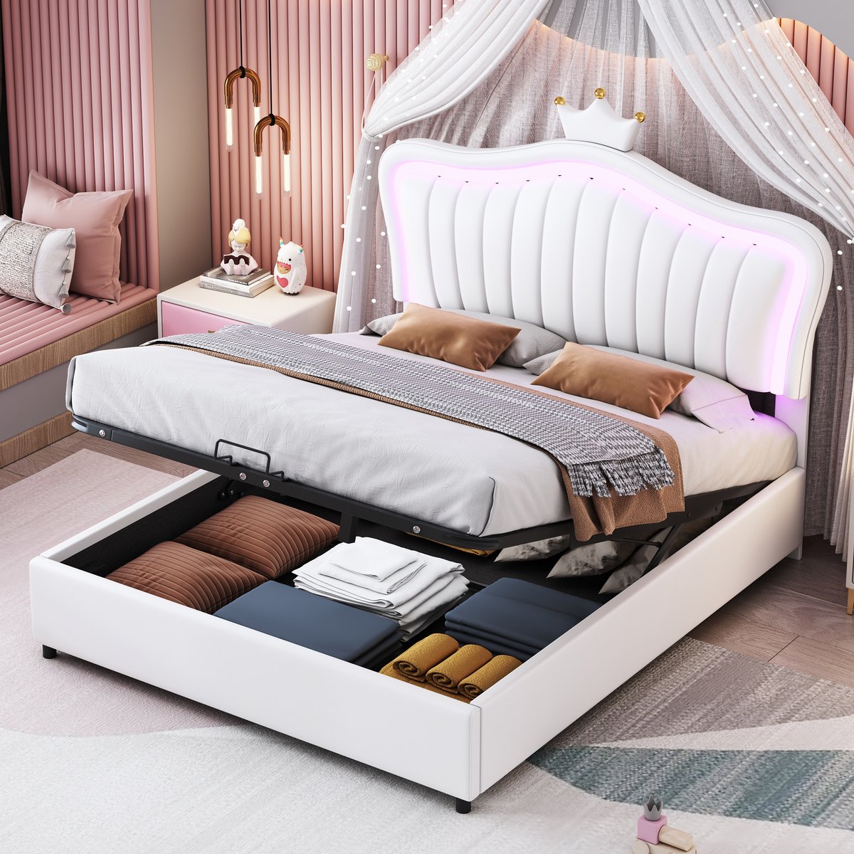 DESMIU Kinderbed 140x200 cm – Gestoffeerd Bed Met Ledverlichting – Hydraulische Opbergruimte Onder Bed – Voor Kinderkamer – Kunstleer – Wit – Zonder Matras