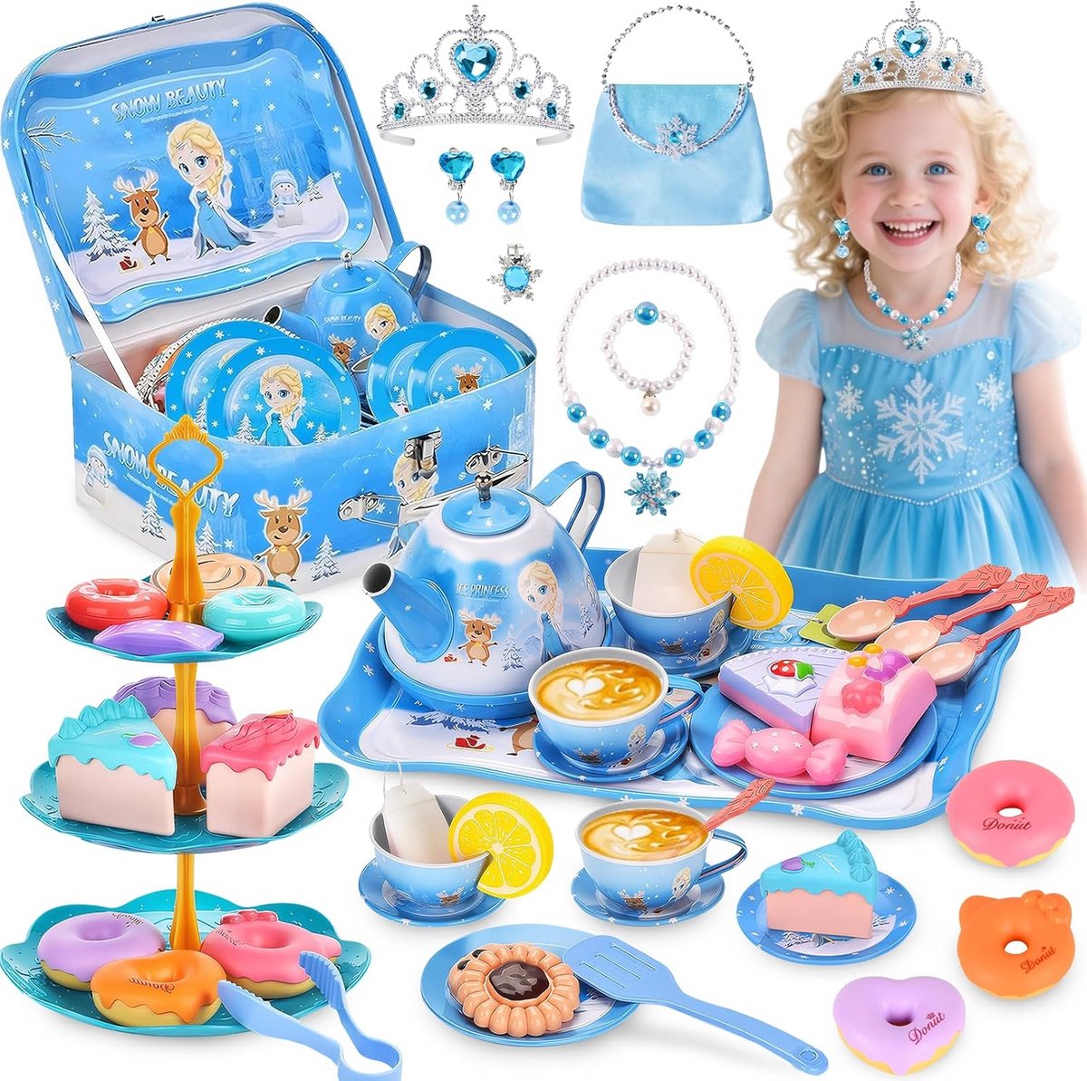 Theeservies Kinderen - Dienblad Set - Kindertheekransje Spelen - Voordelige Set - 25 x 20 x 12 cm - Blauw
