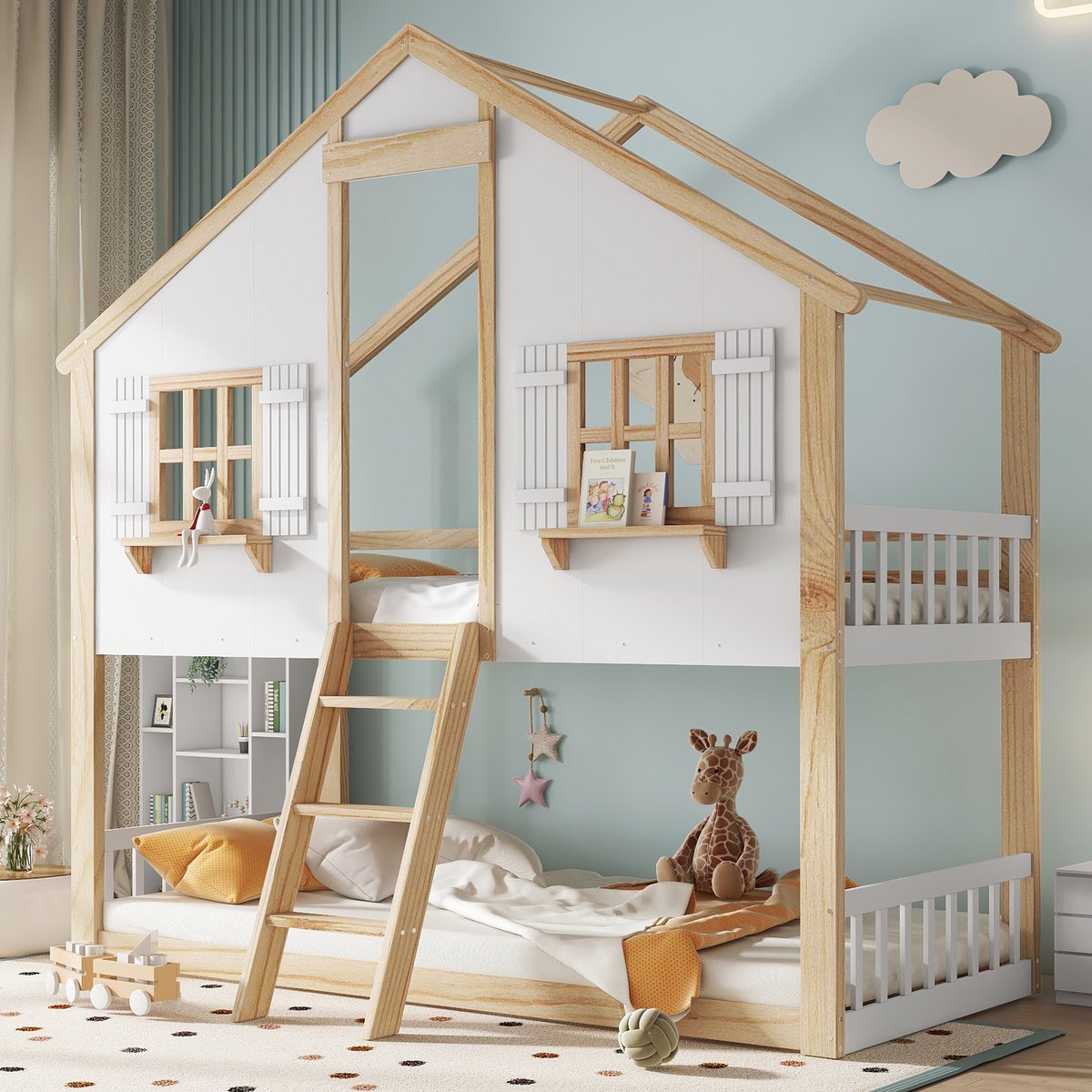 DESMIU Stapelbed 90x200 cm – Kinderbed met Dak en Ramen – Met Schuine Drietrapsladder en Veiligheidshekken – Zonder matras – Massief Hout en MDF – Wit en Naturel Natuurlijk