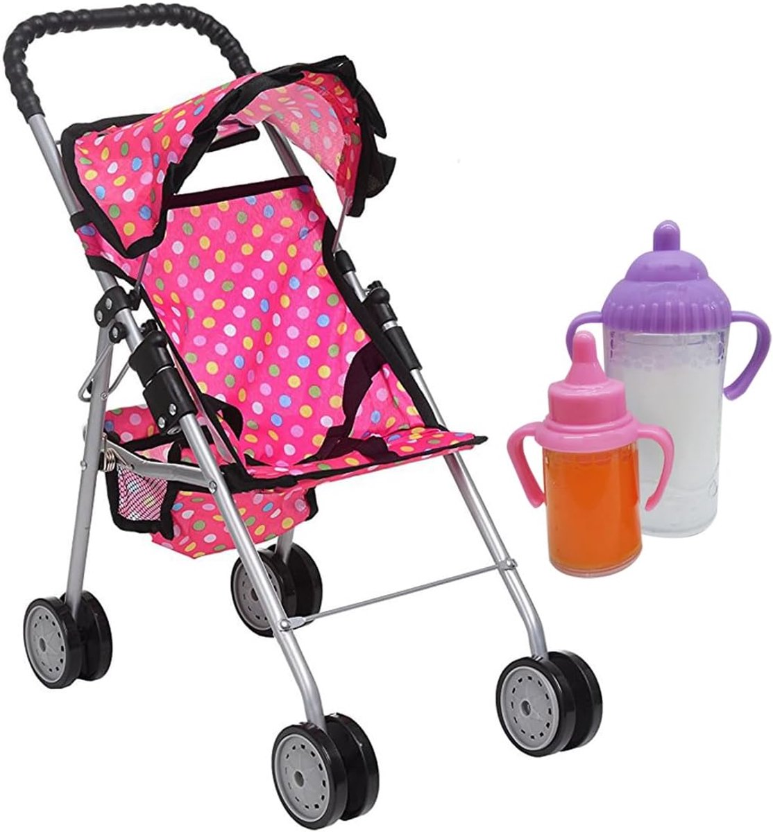 Poppenwandelwagen - Poppenwagen speelgoed - Laten we spelen - Opvouwbaar en draagbaar - 40 cm hoogte - Roze gestipt