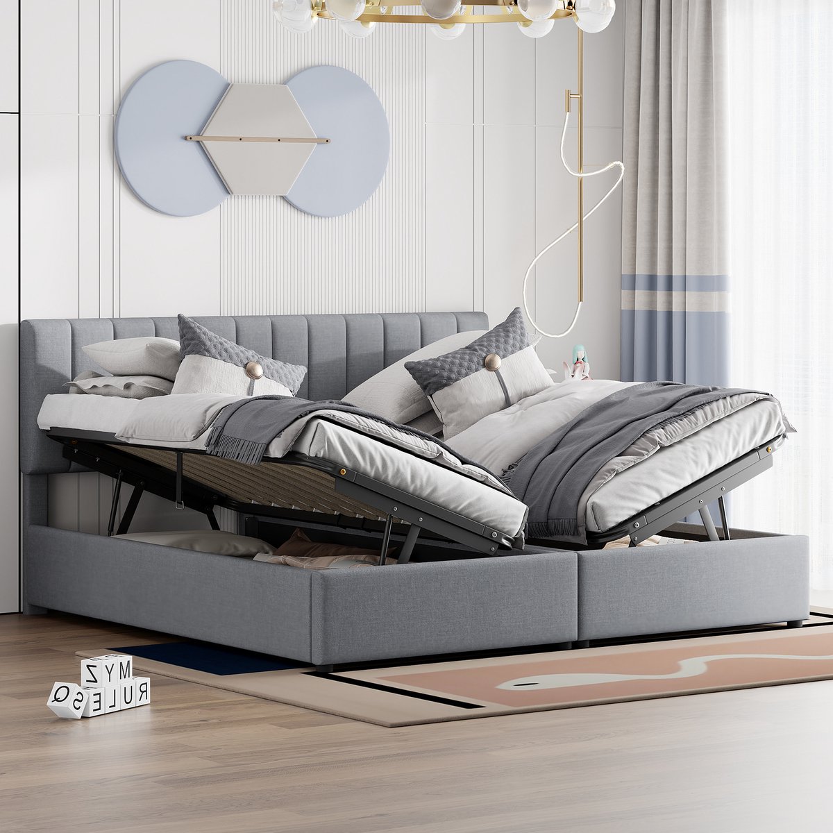 DESMIU Gestoffeerd Bed 180x200 cm – Hydraulische Opbergruimte – Ombouwbaar Naar 2 Kinderbedden – Verstelbaar Hoofdbord – Linnenlook – Grijs – Zonder Matras