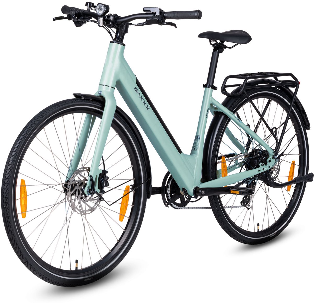 SAXXX Urbana elektrische stadsfiets – 28 inch –250W achterwielmotor–417Wh uitneembare lithiumaccu –tot 90 km actieradius –95% voorgemonteerd –Shimano 7 versnellingen –TEKTRO hydraulische schijfremmen– lage instap aluminium frame– glanzend licht cyaan