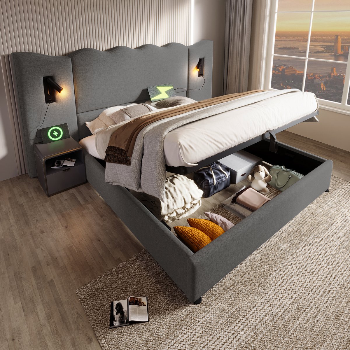 DESMIU Gestoffeerd Bed 160x200 cm – Leeslamp met USB en USB C – Hydraulische Opbergruimte – Tweepersoonsbed voor Slaapkamer – Linnen – Grijs – Zonder Matras