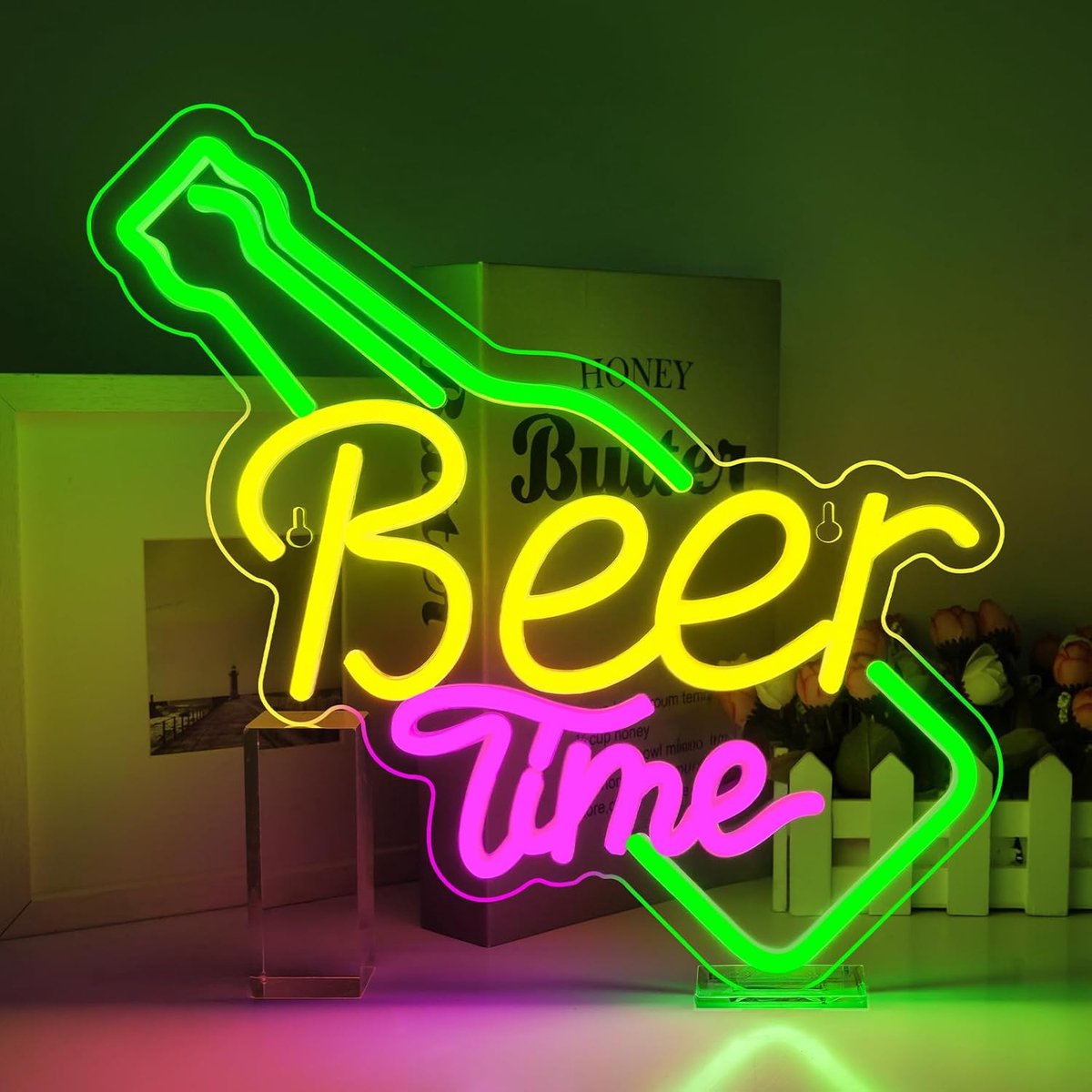 Lzwintrading - Neon Lamp Beer Time - Dimbaar - USB - Incl. Ophanghaakjes - Lichtreclamebord voor Winkel, Horeca & Thuis - Neon Sign - Neon Verlichting - Neon Led Lamp - Wandlamp - 36 x 36 cm