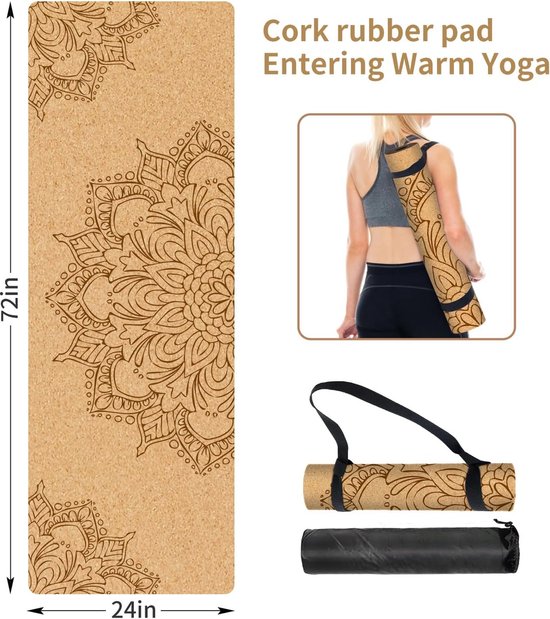 Yogamat Kurk - Oefenmat Pilates - Grip en Demping - Natuurlijk en Antislip - 183 x 61 cm - Mandala Design van Yogamat — afbeelding 3