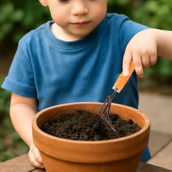 6-delige set met miniatuurtuingereedschap - De set bevat een schepje, harkje en klauwtje voor planten, wieden en grondbewerking - Roestvrij staal met houten handvatten - Ideaal voor balkons, moestuinen en als cadeau voor beginnende tuiniers van Merkloos	 — afbeelding 4