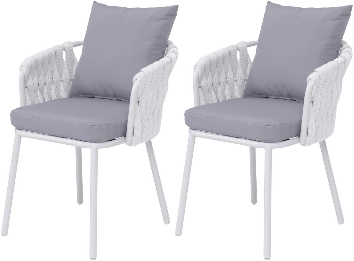 Set van 2 aluminium tuinstoelen MCW-P89, tuinstoel voor buiten, stof/textiel (180 g/m²) met gevlochten touw ~ lichtgrijs