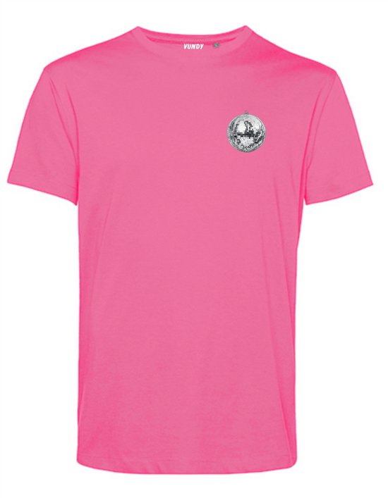T-shirt rose avec un petit imprimé boule à facettes sur le côté gauche de la poitrine. La marque Vundy est sur le col.