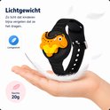 Zwarte armband met oranje dinosaurus op een hand. Lichtgewicht, slechts 20g.