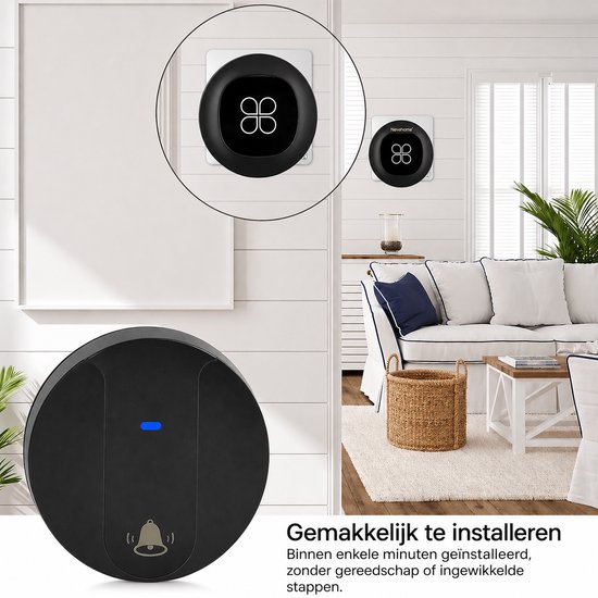 Nevahome Draadloze Deurbelset - Zwart - Plug-in Ontvanger - Verstelbaar Geluidsvolume - Groot Bereik — afbeelding 2