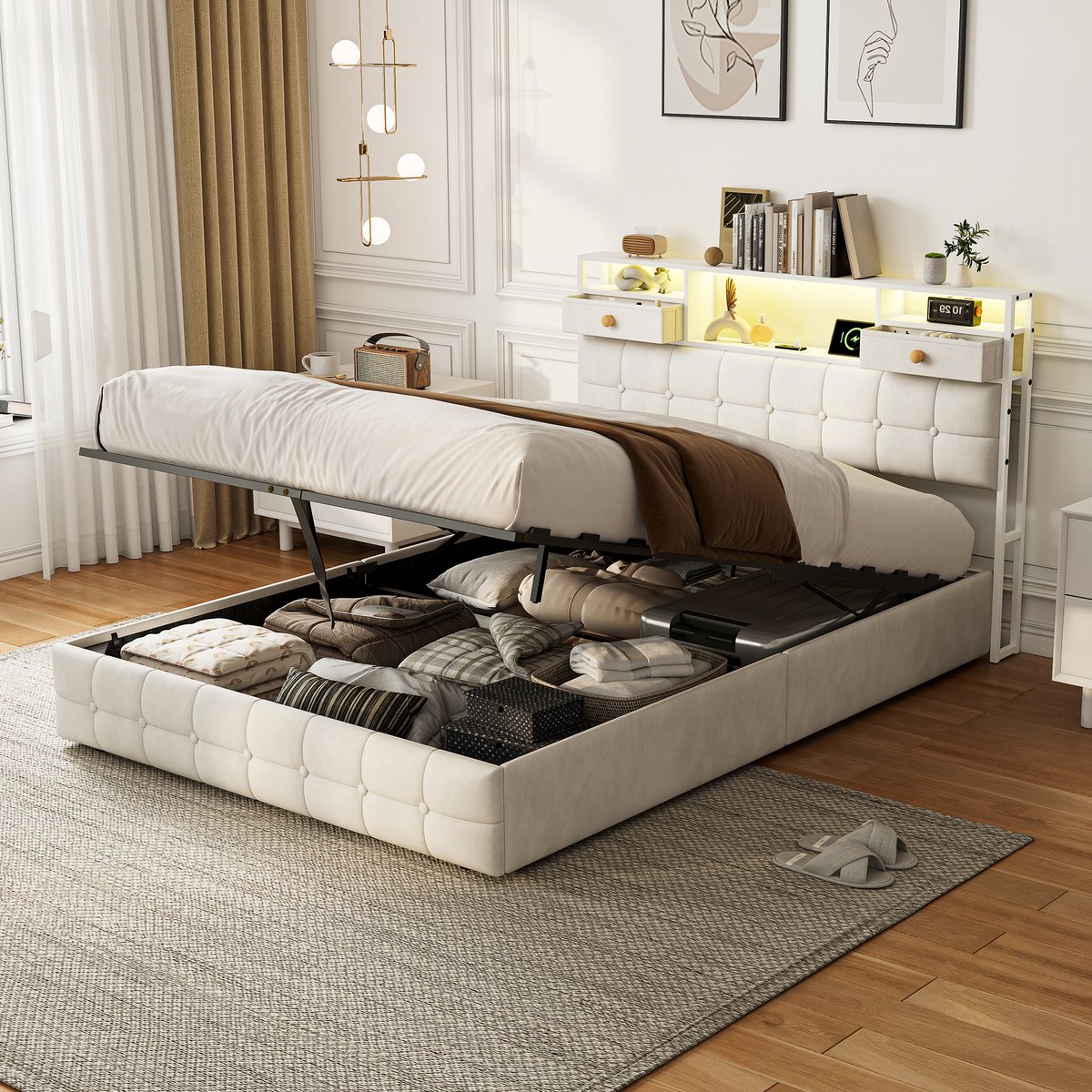 ROSAHQNDA Gestoffeerd bed 140x200cm met oplaadstation en ledverlichting, tweepersoonsbed met opbergruimte in het hoofdeinde en lattenbodem, fluweel, beige, zonder matras