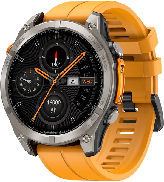 Zeblaze GPS Smartwatch - Sporthorloge - Stappenteller - Slaapmonitor - Belfunctie - LED Zaklamp - 170+ Sportmodi- 5ATM - Hartslag/Slaapmeter/SpO2 - IOS & Android - Elektrisch Oranje