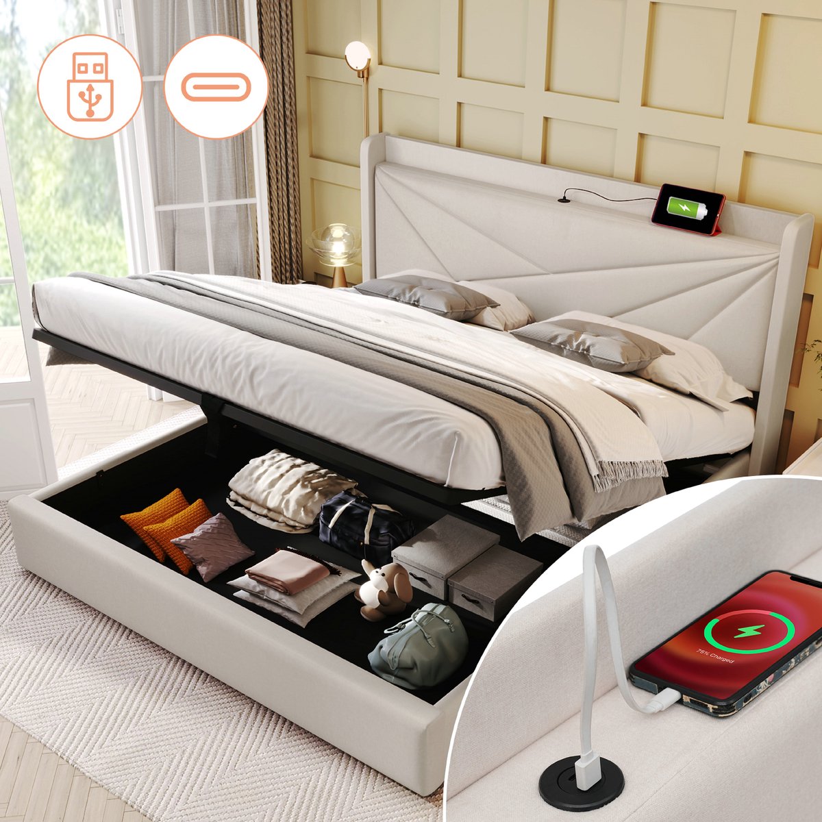 VVBV Bed met opbergruimte 160x200 / Tweepersoonsbed 160x200 – met USB, USB-C, Lattenbodem – Hoofdbord – Tienerbed – Linnen – Beige – Zonder Matras