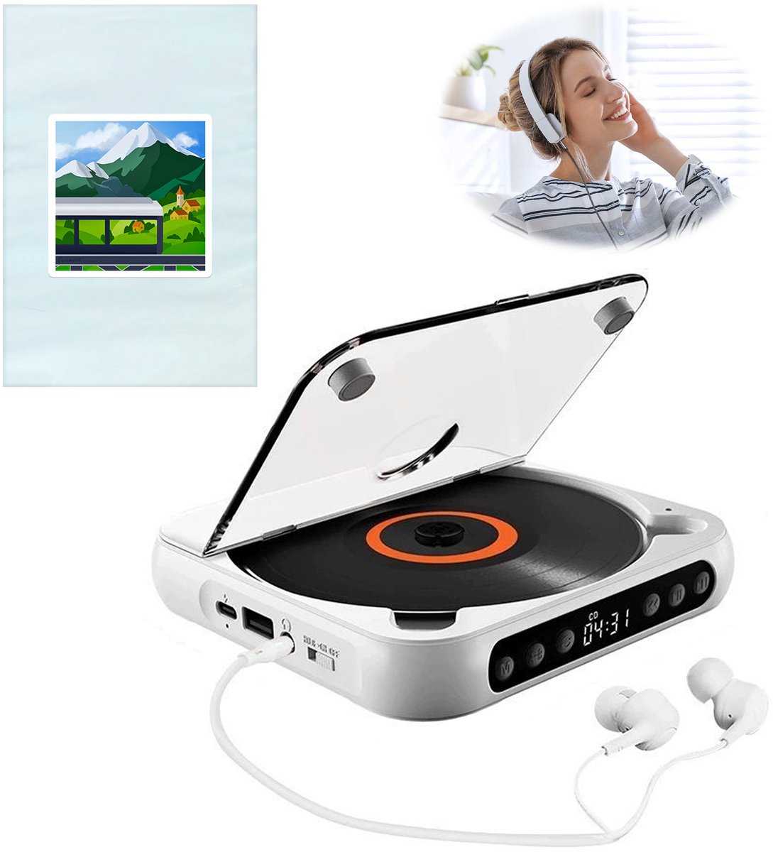 Bluetooth CD-speler - Draagbare CD-speler - Hi-Fi Geluidskwaliteit - 2000mAh Oplaadbare Batterij - 6 Uur Speeltijd - 2.4GHz Bluetooth - Met Anti-schok Technologie - Lichtgewicht 280g - Wit