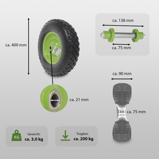 Kruiwagenwiel groen/zwart massief rubber 4.80/4.00-8 + as Reservewiel Band kruiwagen PU — afbeelding 2