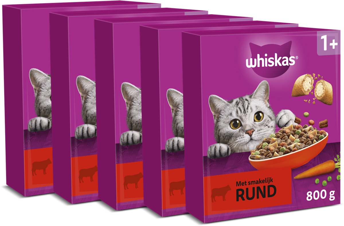 Whiskas Droogvoer 1+ Kattenbrokken - Adult - Rund - doos 5 x 800g