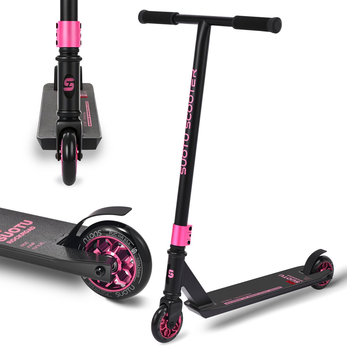Suotu Stuntstep - Step - Kinderstep - Speelgoed Jongens/Meisjes - Maximale stuurhoogte: 78 cm - Aluminium - buitenspeelgoed - Zwart/Roze
