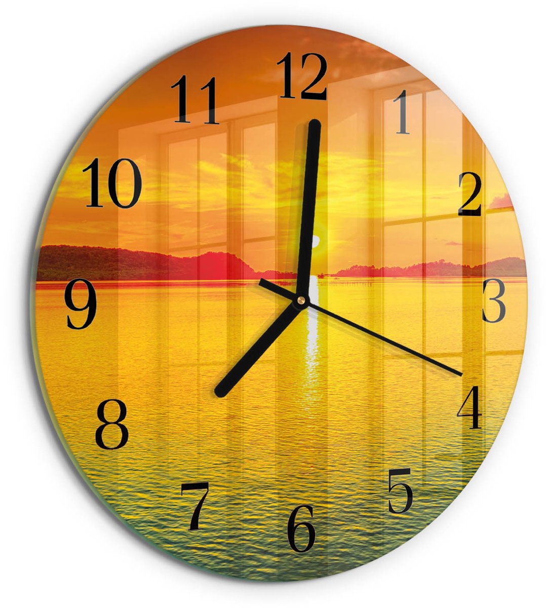 TULUP Wandklok - Zonsondergang Moderne Wandklok Glas - 30fi cm - Oranje Wandklok Glas Decoratie - Zwarte Handen - Ronde Wandklok - Gekleurde Glazen Klok - Glazen Klok Met Print Oranje - Zonsondergang
