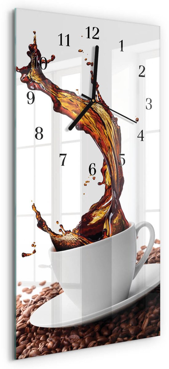 TULUP Wandklok - Kopje koffie Gekleurde Glazen Klok - 30x60 cm - Veelkleurig Glazen Klok Met Print - Zwarte Handen - Rechthoekige Wandklok - Klok Glas Met Opdruk - Moderne Wandklok Glas