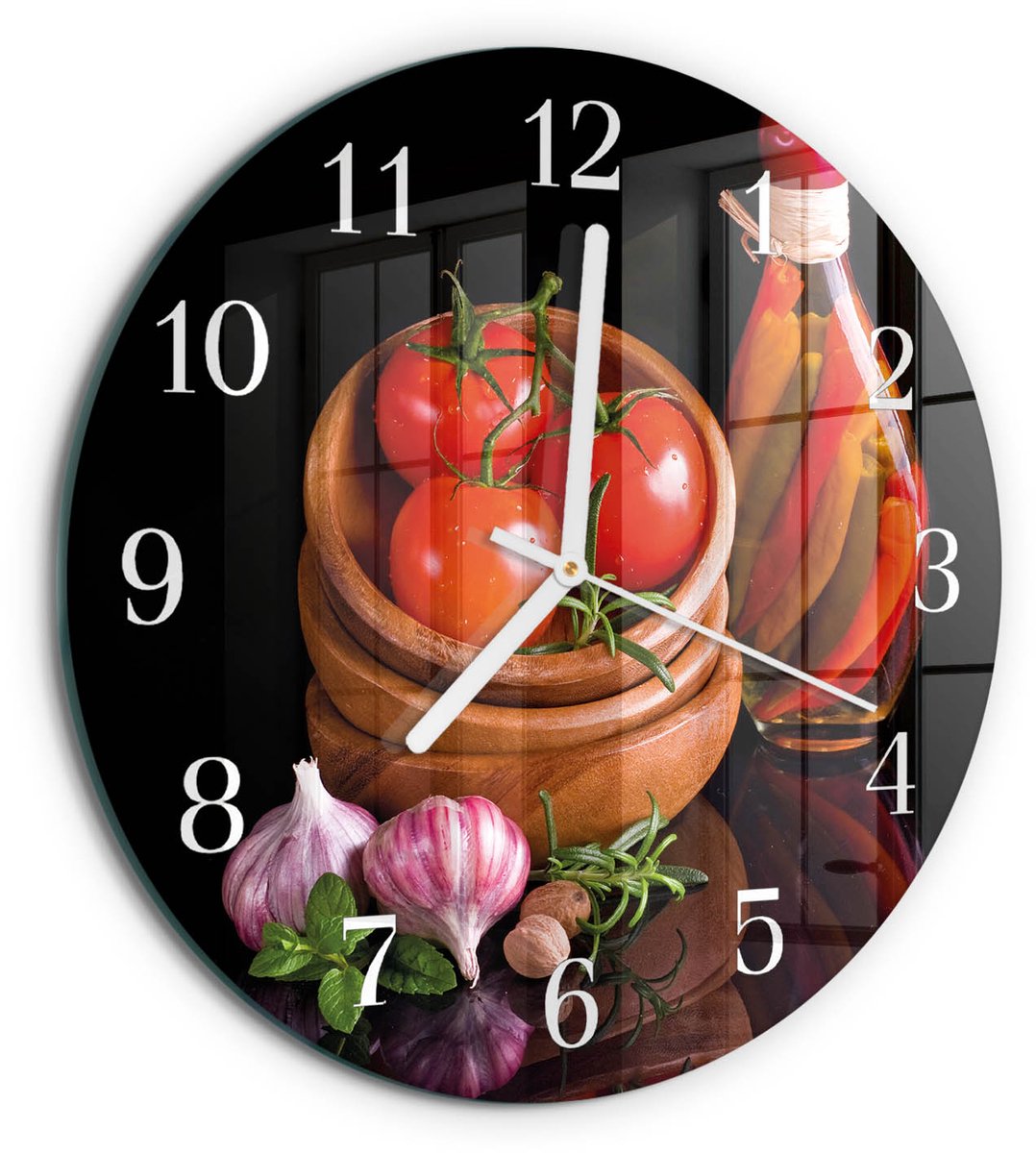 TULUP Wandklok - Tomaten en knoflook Klok Glas Met Opdruk - 30fi cm - Rood Moderne Wandklok Glas - Witte Handen - Ronde Wandklok - Glazen Wandklok Design - Klok Glas Met Opdruk Rood - Tomaten en knoflook