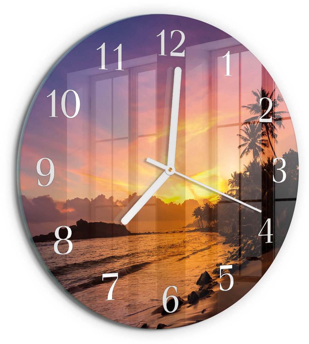 TULUP Wandklok - Zonsondergang Gekleurde Glazen Klok - 30fi cm - Veelkleurig Glazen Klok Met Print - Witte Handen - Ronde Wandklok - Klok Glas Met Opdruk - Moderne Wandklok Glas Veelkleurig - Zonsondergang